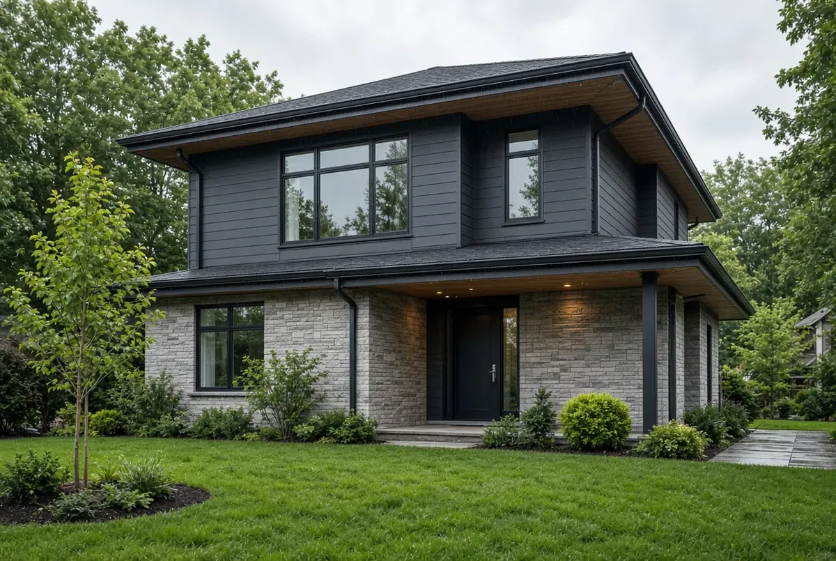 Modern house exterior with dark siding, stone accents, and a covered entry