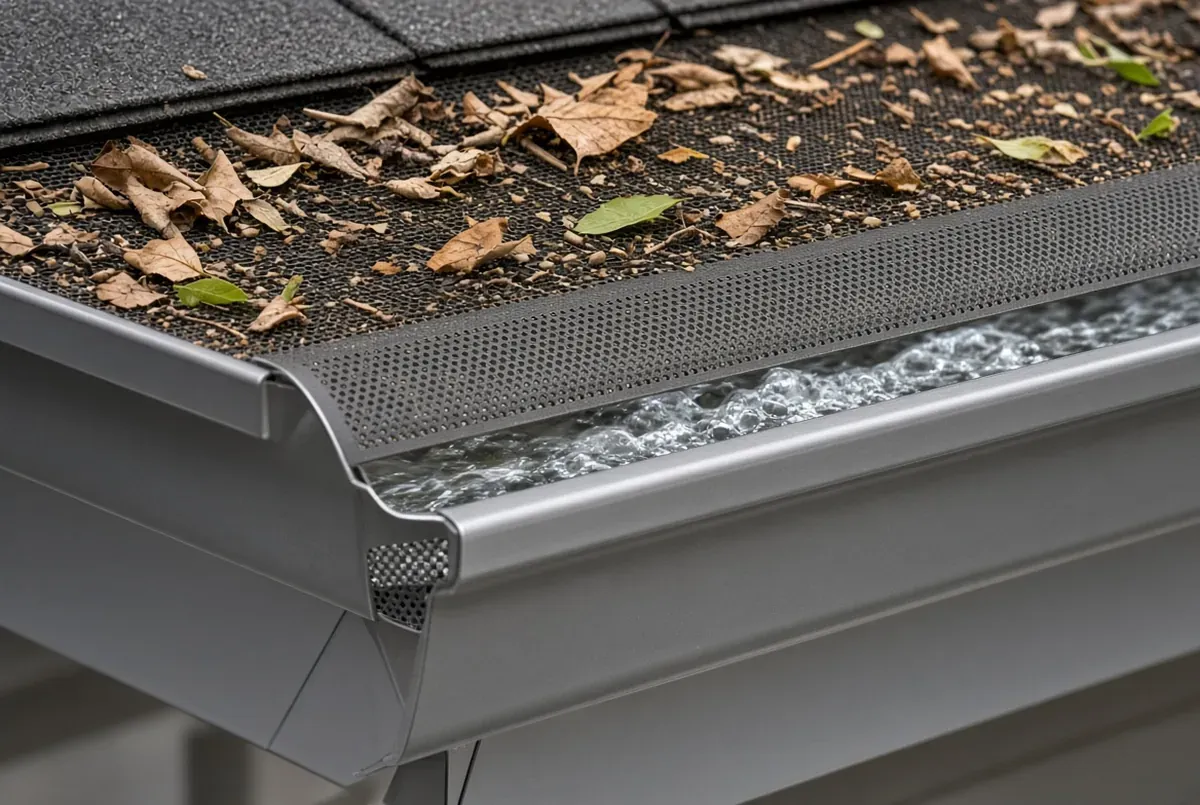 Close-up of a gutter guard mesh covered with fallen leaves