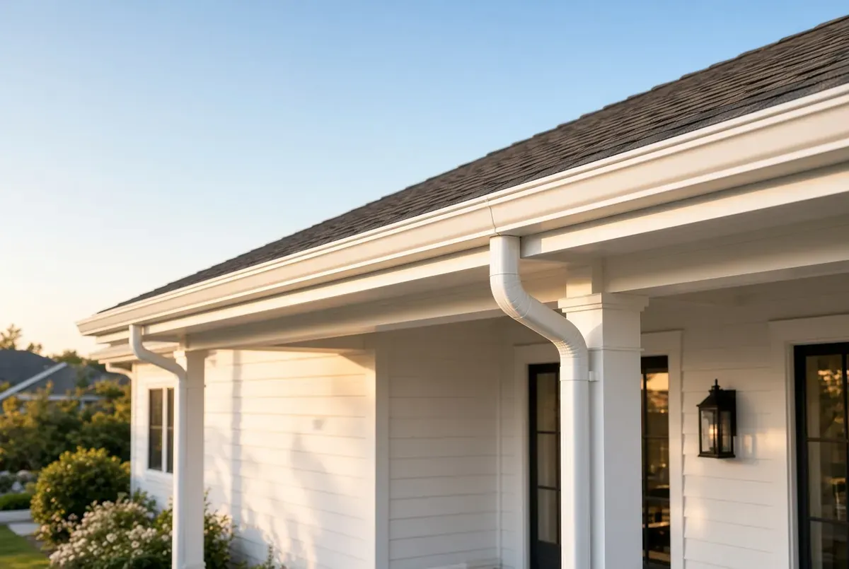 White gutter running along the roofline of a light-colored house