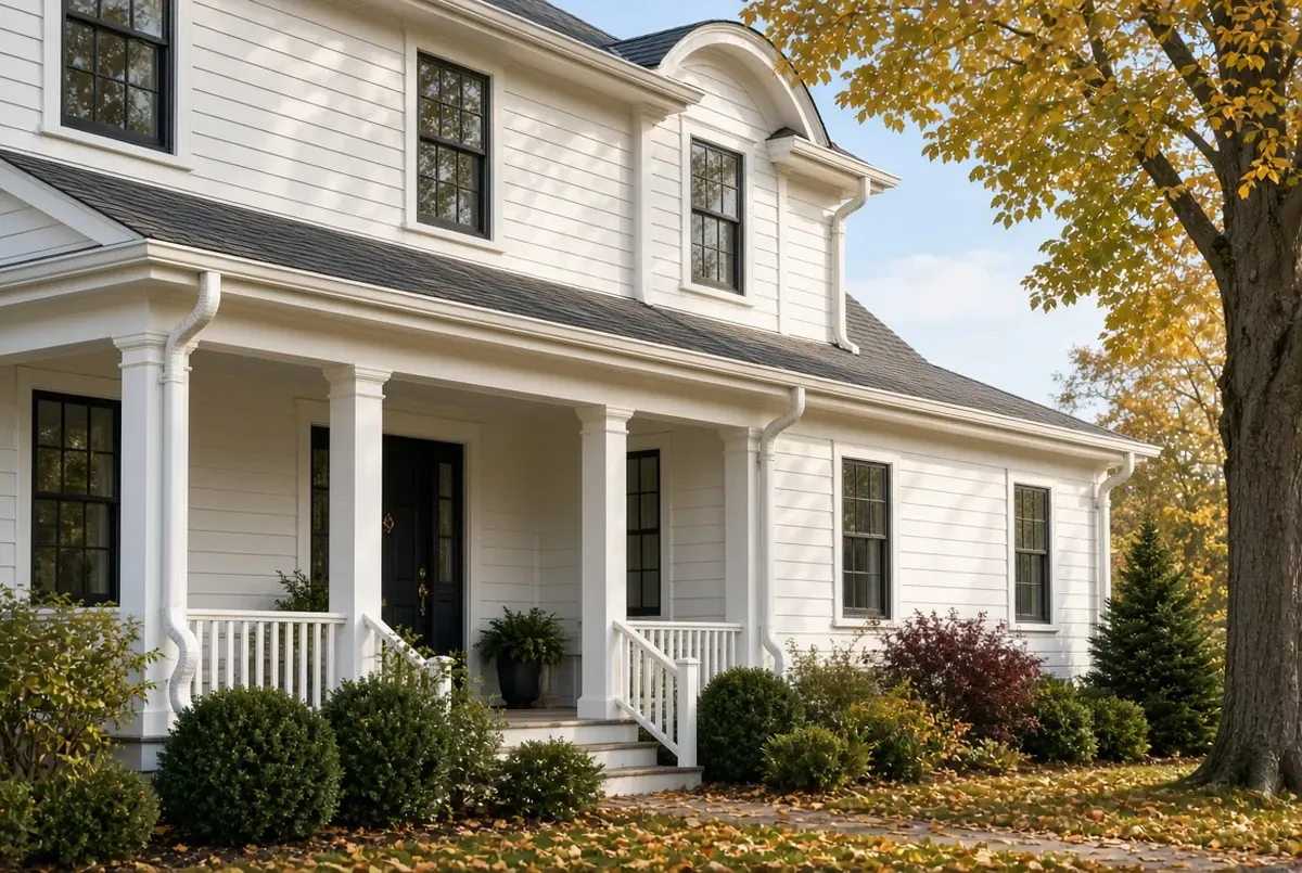 White house with gutters and autumn trees in the background
