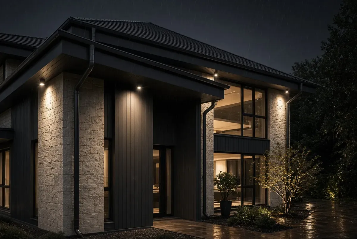 Modern house exterior lit up at night during rainfall