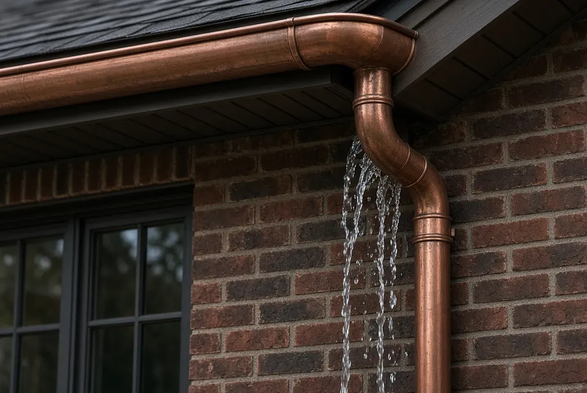 Copper downspout with water flowing down the side of a brick house