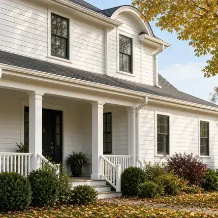 White vinyl sectional gutters along the eave of a house