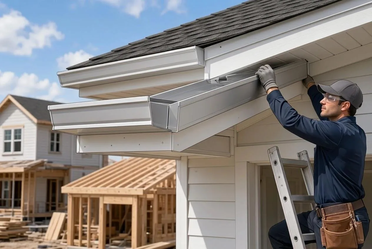 Contractor installing a new gutter on a house under construction