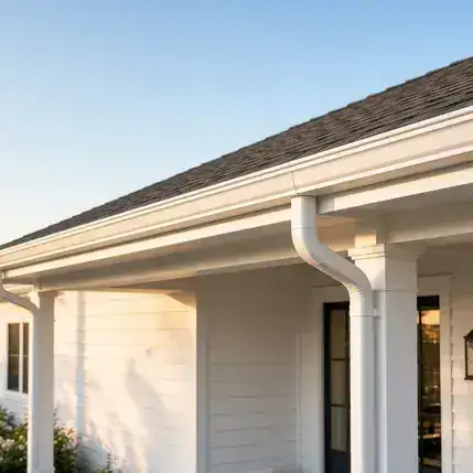 Close-up of a white seamless aluminum gutter along a roofline