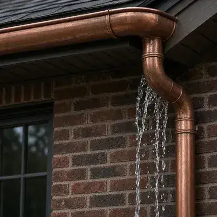 Copper gutter and downspout with water running off a brick house